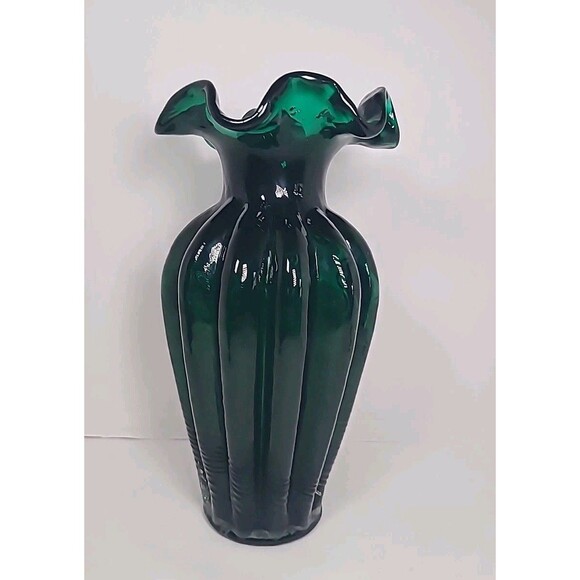 Vintage Emerald Green Swirl Ruffle Glass Vase Spiral Ruffled 10" - Picture 4 of 8